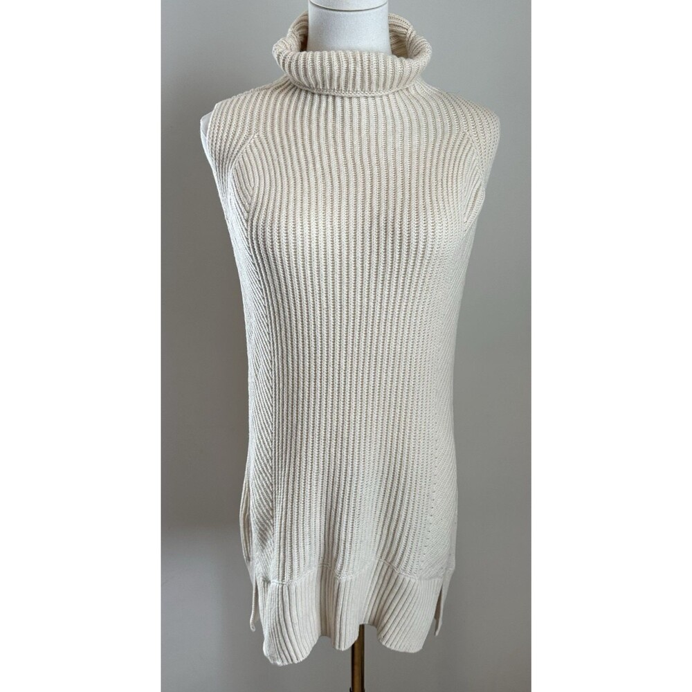 Vince Wool Cashmere Sleeveless Turtleneck Sweater Tunic Ivory/M Ribbed Knit